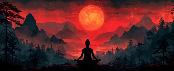 Person meditates under orange afterglow of full moon