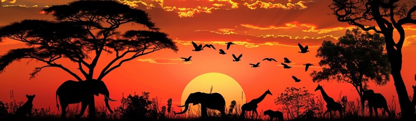 African Wild Animals Silhouettes Against A Sunset. Africa day. World Wildlife Day. World Animal Day. Copy Space