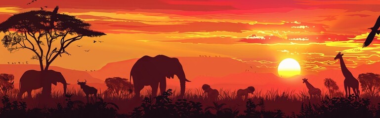 Fototapeta na wymiar African Wild Animals Silhouettes Against A Sunset. Africa day. World Wildlife Day. World Animal Day. Copy Space