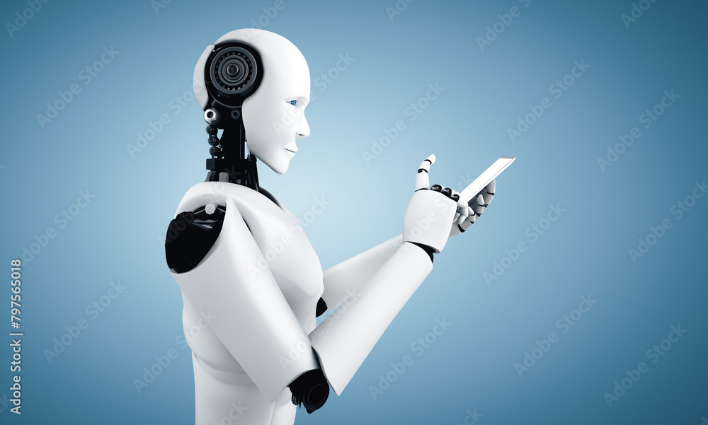 Poster mlp 3d illustration robot humanoid use mobile phone or tablet in future office while using ai thinki