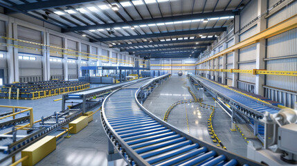 Modern automated factory with conveyor belt production line