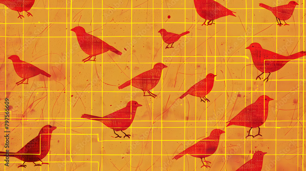 Poster brown background with yellow grids and red colored bird shapes.