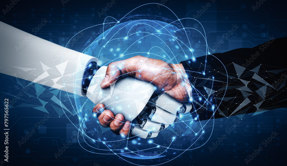 Poster mlp 3d illustration humanoid robot handshake to collaborate future technology development by ai thin