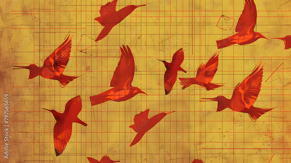 Poster brown background with yellow grids and red colored bird shapes.