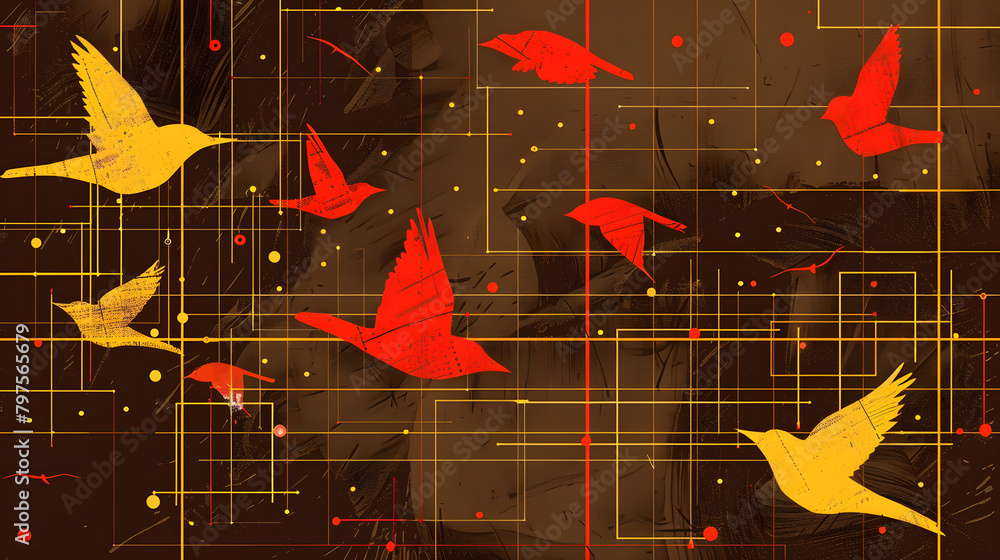 Poster brown background with yellow grids and red colored bird shapes.