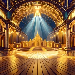 Obraz premium Illustration Center gold stage. spotlight on dazzling show. Dramatic illumination. Event spotlighting in night. Entertainment extravaganza. Bright lights at theater