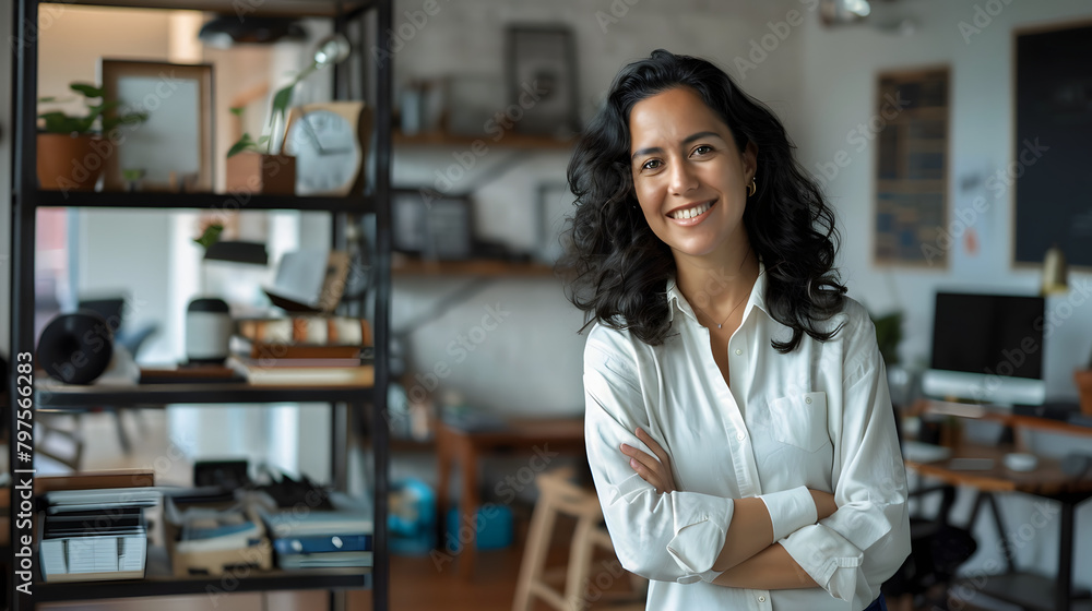 Poster cheerful hispanic female executive leaning on a desk with arms folded and chuckling while staring at
