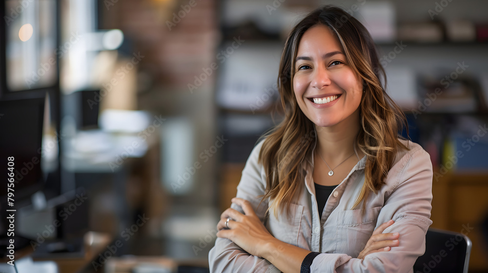 Poster cheerful hispanic female executive leaning on a desk with arms folded and chuckling while staring at