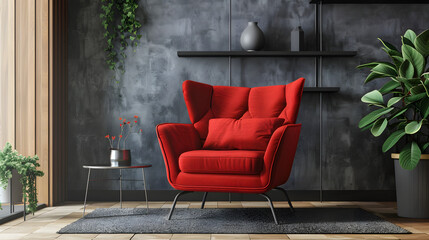 Chic red armchair in a contemporary setting. embodying versatility and sustainable design