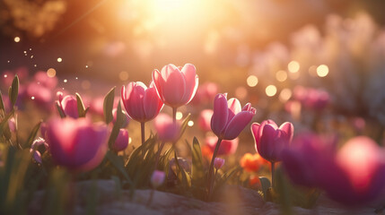Sunlit symphony: a pink tulip field in bloom. A breathtaking scene of a field filled with vibrant pink tulips, illuminated by the warm glow of the setting sun in the background