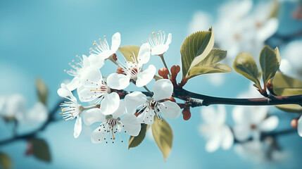 Whispers of spring: a branch adorned with white blossoms. A delicate branch covered in white flowers and lush green leaves, embodying the beauty of springtime in nature