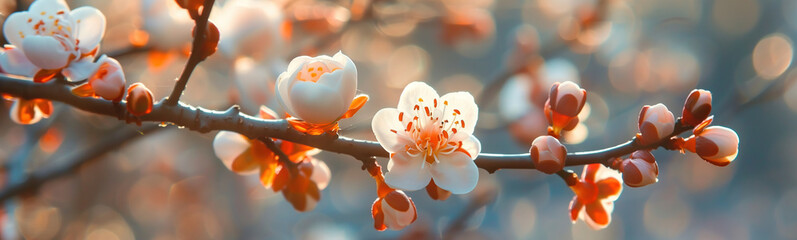 Dazzling blossoms swirling on a serene branch. A branch adorned with elegant white and orange flowers, bringing a touch of beauty and grace to the surroundings