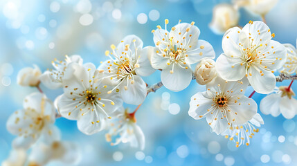 Whispers of petal poetry. A cluster of delicate white flowers blossoming on a branch, showcasing intricate details and natural beauty up close. Light blue background
