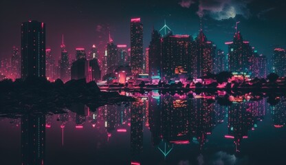 An ethereal neon cityscape at night, with a dreamy vibe, featuring vivid colors and intricate details, reminiscent of cyberpunk and vapor wave aesthetics