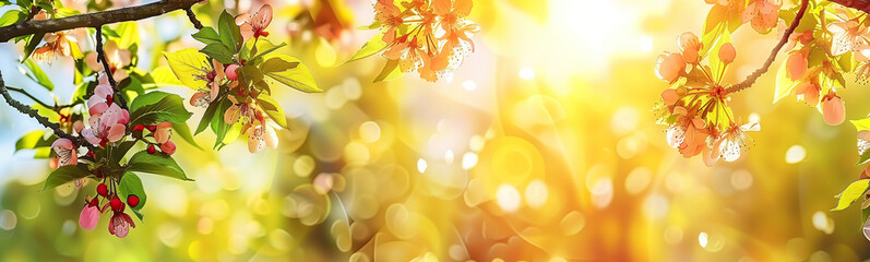 A burst of spring: cherry blossoms and warm sunshine adorning the seasons canvas. Cherry blossoms bloom with a backdrop of radiant sunlight filtering through fresh spring leaves