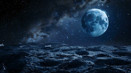 Moonlit Cratered Surface Celestial Night Sky Backdrop - Starry Landscape