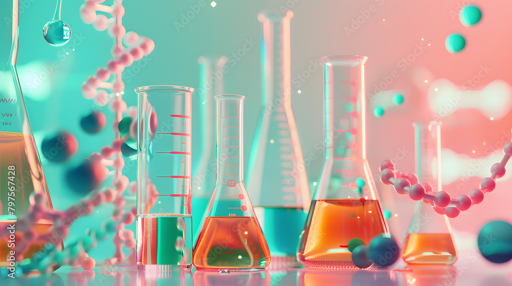 Poster close up of beakers and test tubes with a dna double helix on a futuristic. soft pink background wit