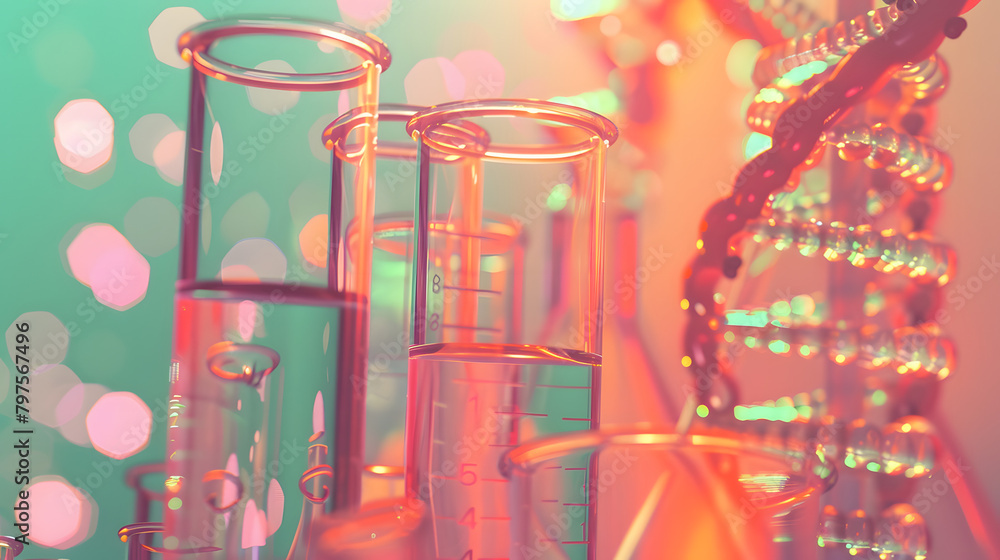 Poster close up of beakers and test tubes with a dna double helix on a futuristic. soft pink background wit