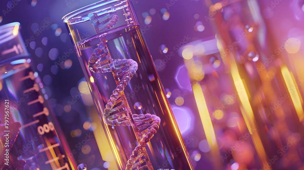 Poster close up of beakers and test tubes with a dna double helix on a futuristic. deep purple background w