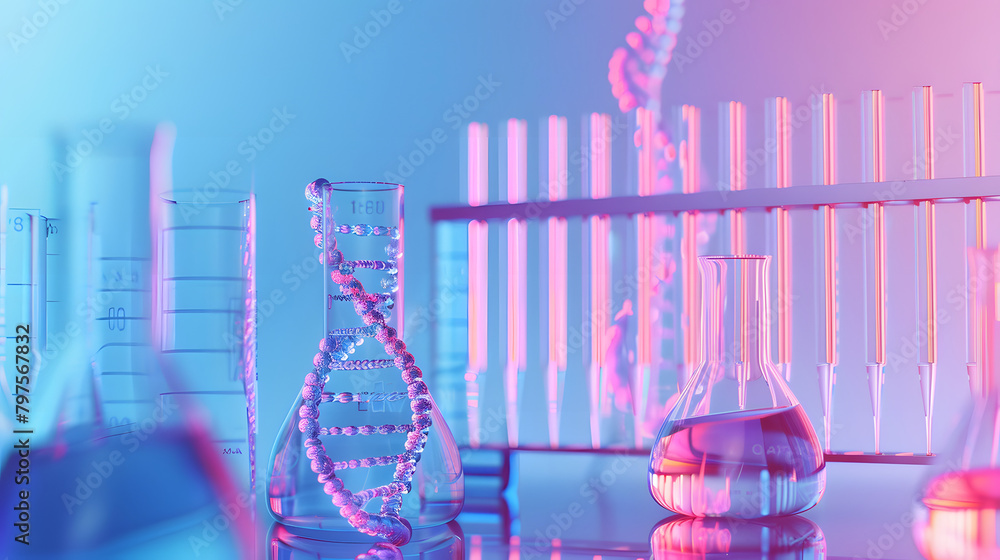 Poster close up of beakers and test tubes with a dna double helix on a futuristic. light blue background wi