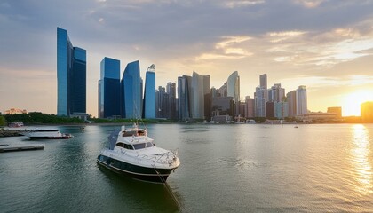 Fototapeta premium Urban skylines at sunset. Stunning image captures essence of modern cityscape showcasing dynamic interplay of architecture business and life. Towering skyscrapers dominate city economic and design