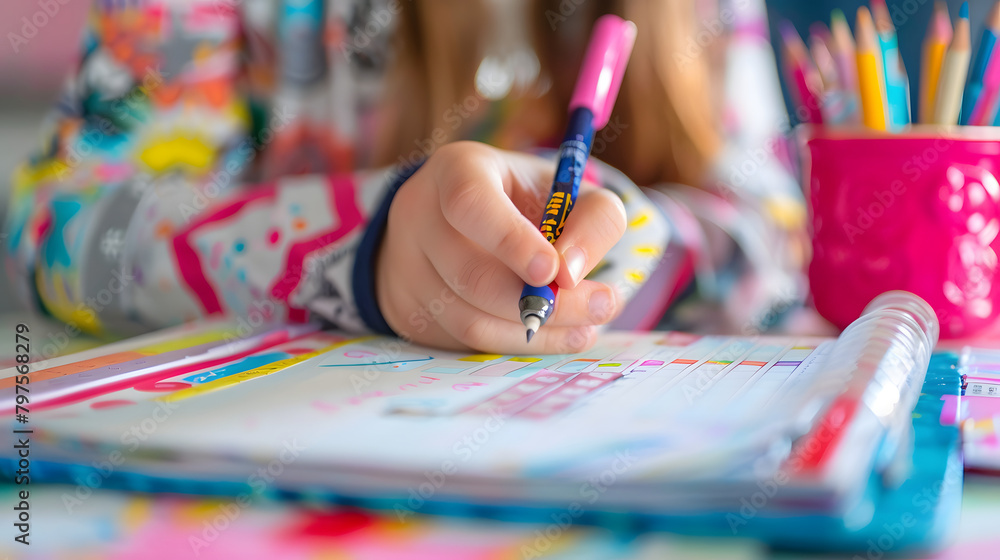 Poster closeup of a child's hand writing in a colorful planner. with visible sticker notes on the pages and