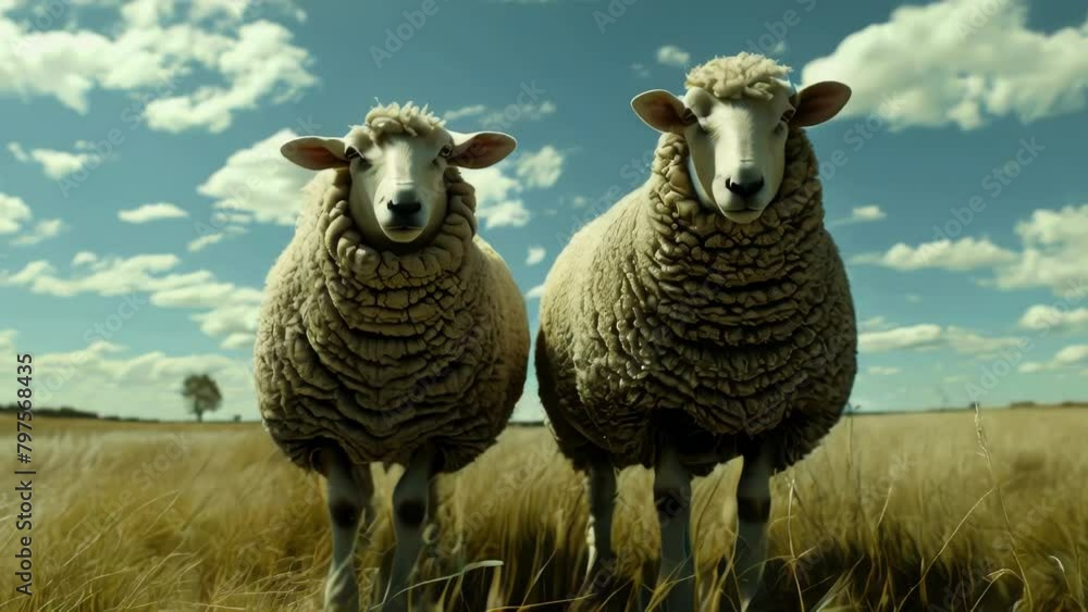 Poster two sheep standing in a field with a tree in the background