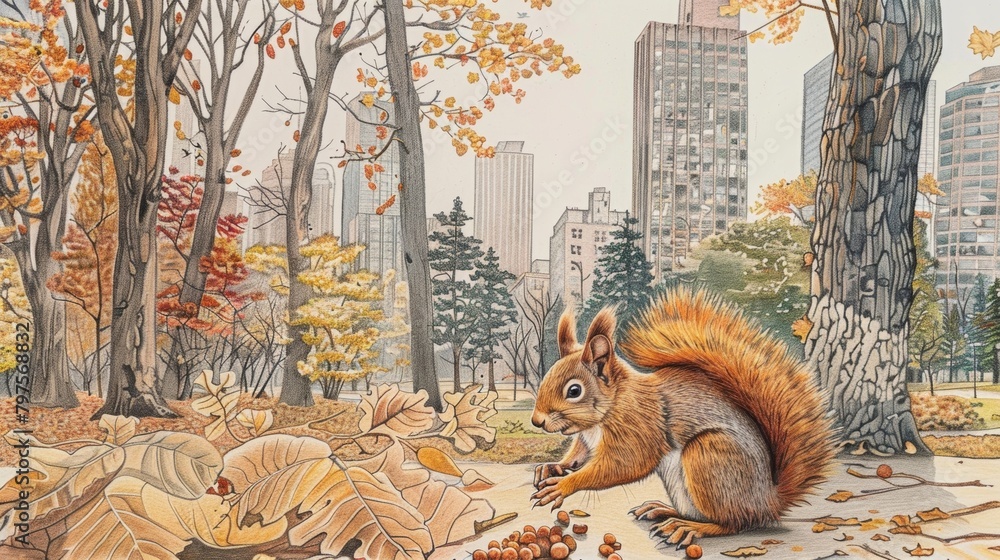 Poster a colored pencil drawing of a squirrel collecting nuts in a city park with towering trees and toweri