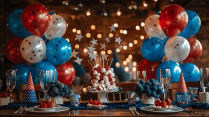 Fototapeta premium Independence Day Party Setup - Festive Celebration with Red, White, and Blue Desserts - Patriotic Decor for 4th of July - Cupcakes and Balloons - Generative AI