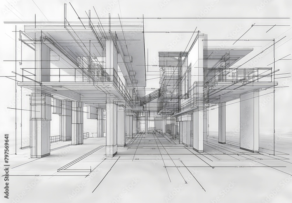 Poster Industrial building wireframe rendering with architectural and construction details