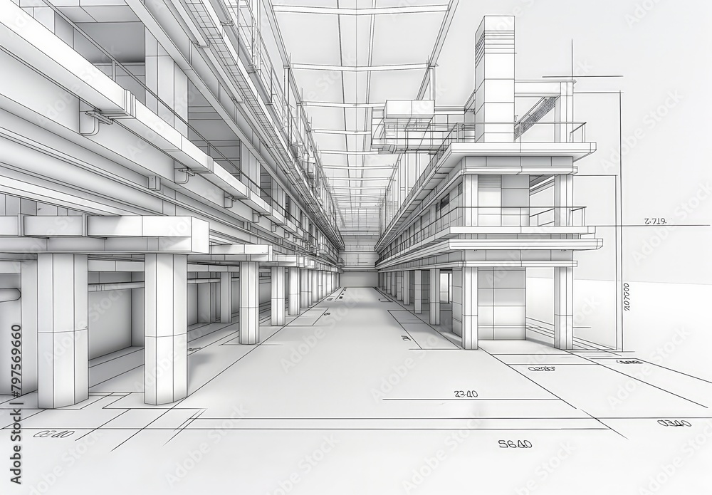 Poster Industrial building wireframe rendering with architectural and construction details