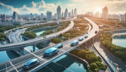 Autonomous Vehicles: Create scenes of self-driving cars, drones, and delivery robots navigating city streets and highways, showcasing innovation in transportation technology.