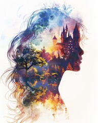 Watercolor illustration of a princess girl with fairy tales kingdom double exposure