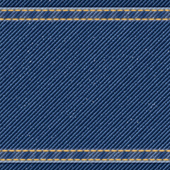Denim blue jean textile pattern square background with gold seams and crease vector illustration.