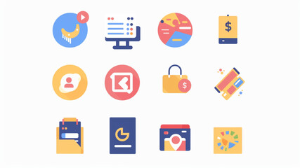 Branding flat icons set. Product, Discount, Company, Social media, Innovation, Distribution, Design, Consumers, Brand Value and more signs. Flat icon collection