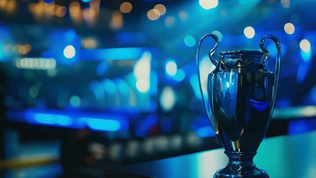 A silver trophy is sitting on a table in front of a blue background