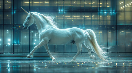Majestic white unicorn galloping gracefully in modern business offices building setting with reflective floors and glass walls. Stunning representation of fantasy and beauty of billion dollar company