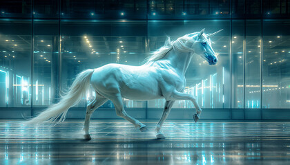 Majestic white unicorn galloping gracefully in modern business offices building setting with reflective floors and glass walls. Stunning representation of fantasy and beauty of billion dollar company