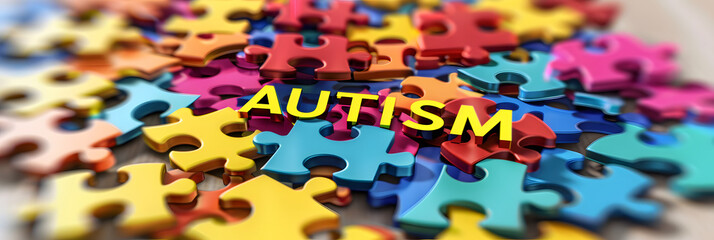 Colorful puzzle pieces arranged in the shape of a circle. Words minted at the center with colored letters. the text says AUTISM 