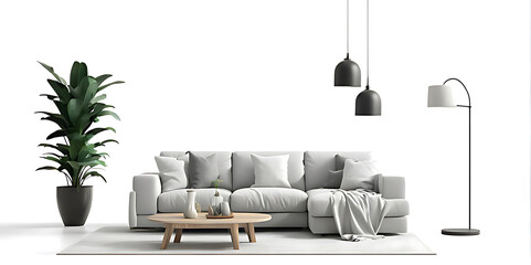 Modern living room interior with sofa isolated on white background. 3d rendering	