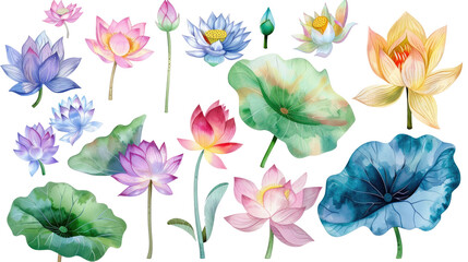 Set of lotus flowers clipart watercolor isolated on white or transparent background