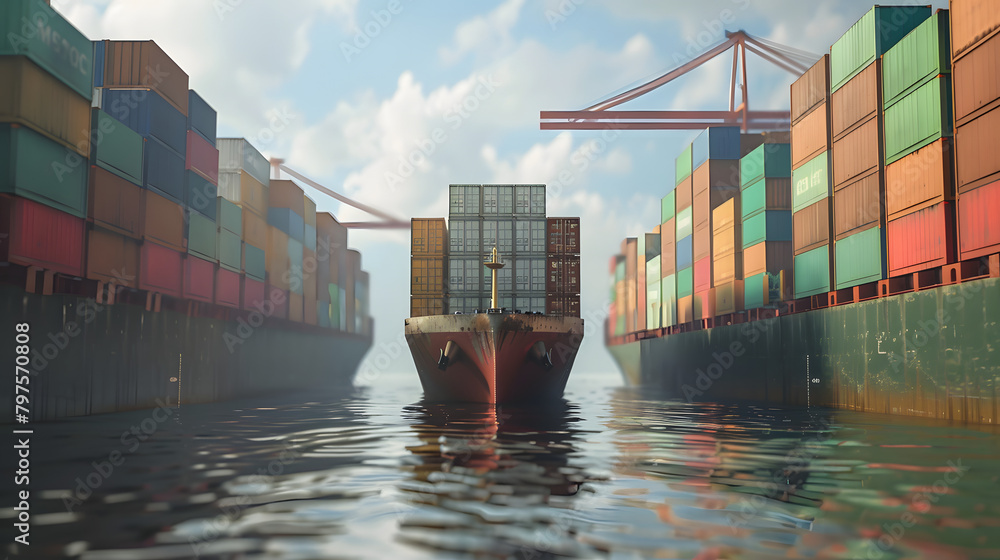 Poster container ship in import export port and use for freight cargo .logistic business theme