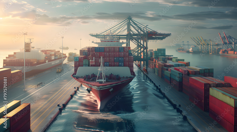 Poster container ship in import export port and use for freight cargo .logistic business theme