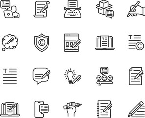 Vector set of copywriting line icons. Contains icons text, write review, creative writing, online document, typewriter, storytelling and more. Pixel perfect.