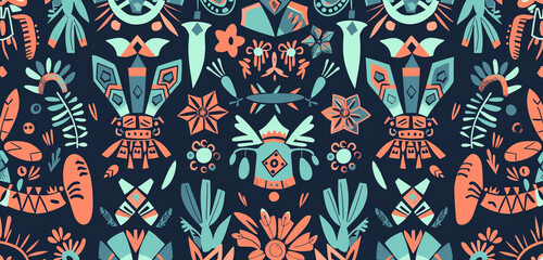 Turquoise and coral Aztec pattern against navy, vibrant for ethnic textiles.