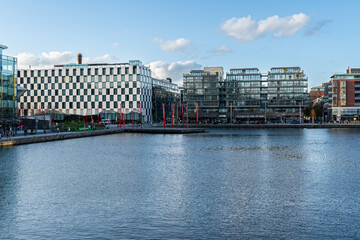 View Of Grand Canal Dock From Grand Canal Square In Dublin Docklands. Symbol of urban regeneration...