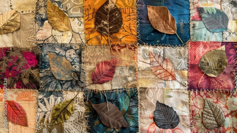 Poster a handmade quilt featuring a patchwork of different fabric pieces imprinted with various leaf impres