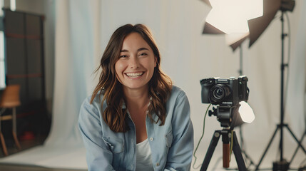 Delighted Australian female director sitting with arms akimbo and beaming while glancing at the camera in a studio during a photoshoot. 