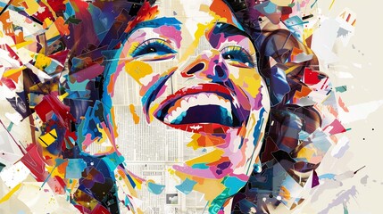 Happy woman face in colorful newspaper scraps style