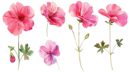 Set of Geranium flowers clipart watercolor isolated on white or transparent background png cutout